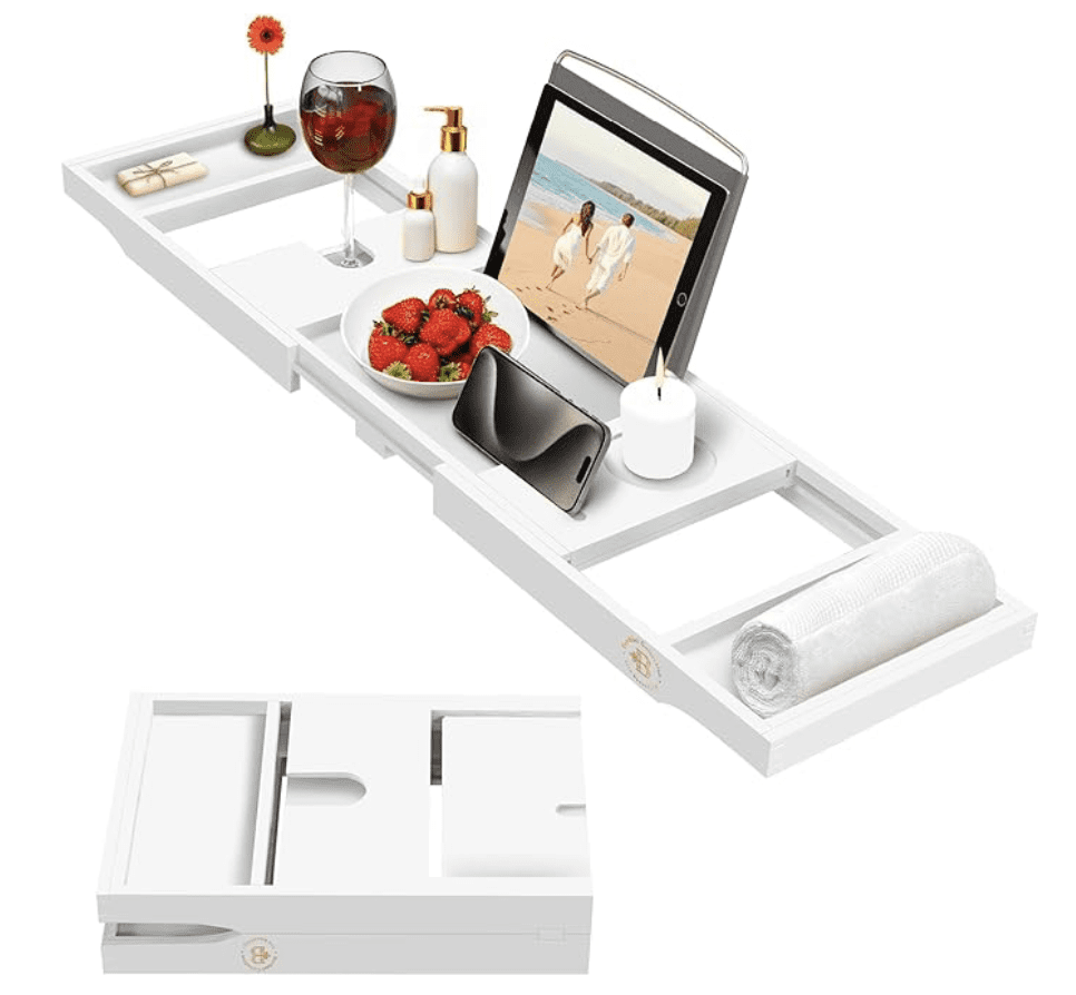 White tray with different sections for book, wine glass, body wash. Tray is designed to stretch across the bath tub.