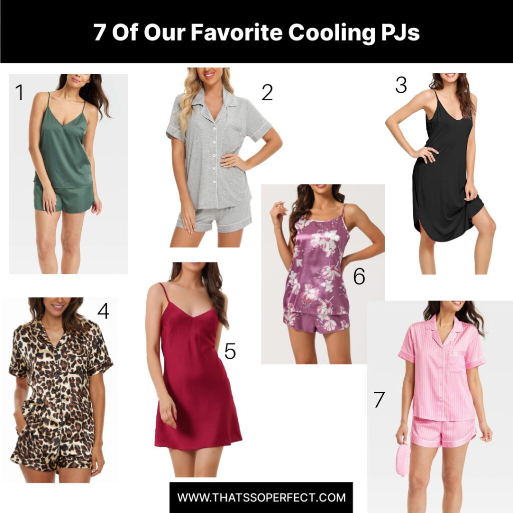 7 women, each wearing different satin pj sets in different colors and styles