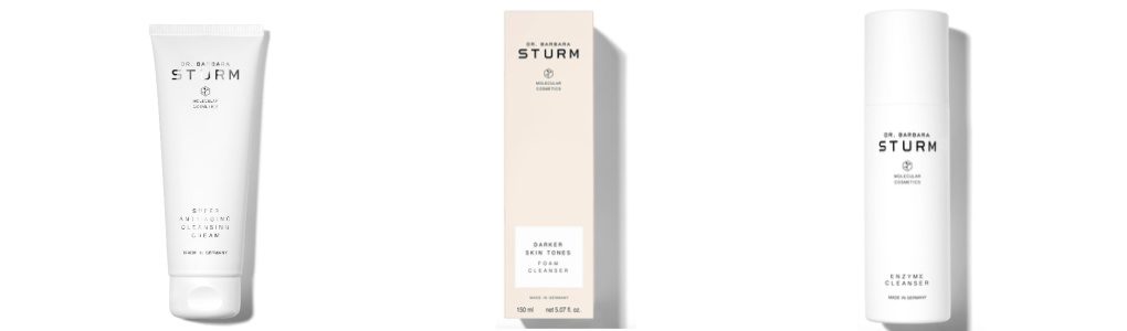 Dr Sturm's three anti-aging cleanser bottles: 1-Super Anti-Aging Cleansing Cream, 2-Darker Skin Tones Foam Cleanser, 3-Enzyme Cleanser