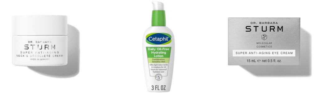 Top Three Anti-Aging Moisturizers: 1) Dr. Sturm Super Anti-Aging Neck and Decollete Cream, 2) Cetaphil Daily Hydrating Lotion for Face With Hyaluronic Acid, 3) Dr. Sturm Super Anti-Aging Eye Cream