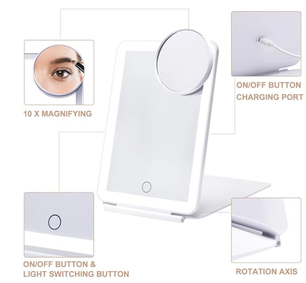 Folding travel mirror with LED lighting and extra magnification mirror - rechargeable