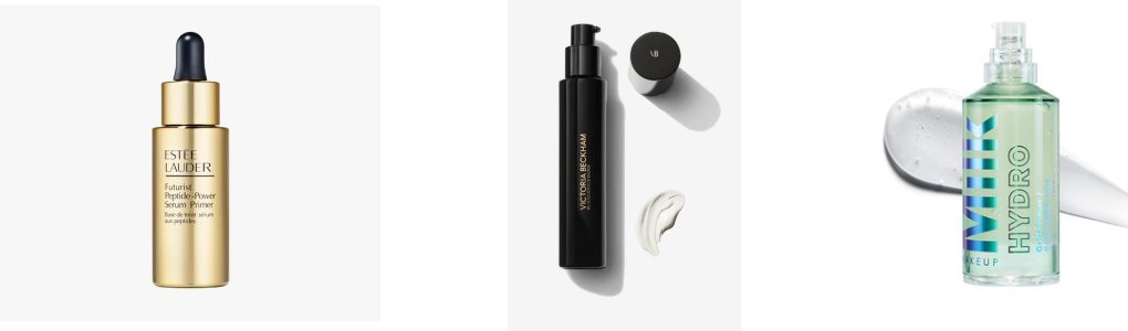 Three different bottles of makeup primer: Estée Lauder, Victoria Beckham and Milk Pro.
