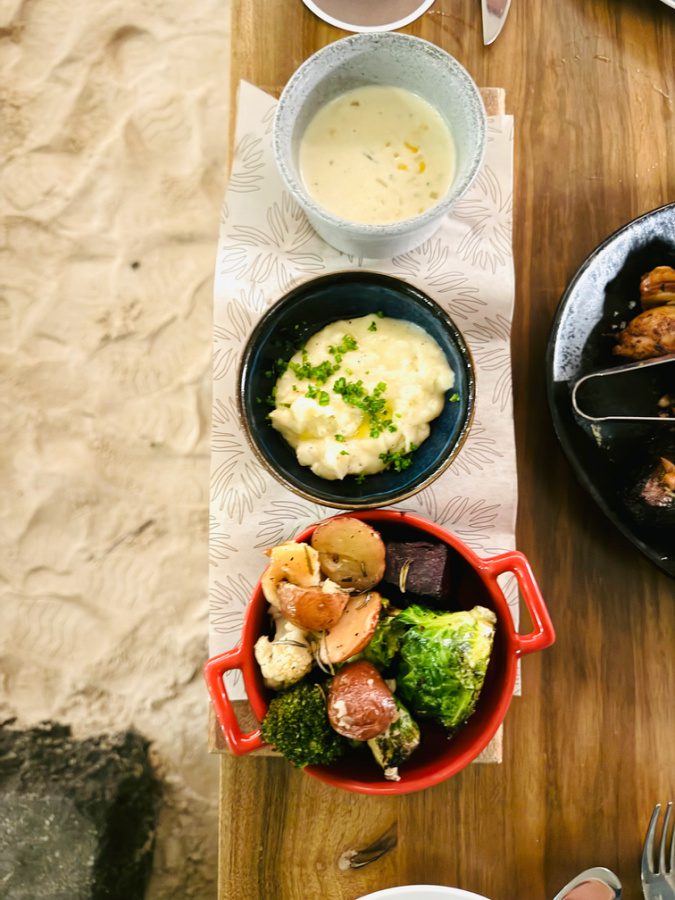 Three side dishes from Seaside beach grill event: grilled veggies, mashed potatoes and creamed corn.